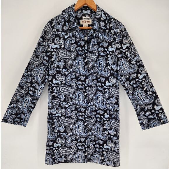 Michael Kors Navy Blue Paisley Trench Coat Women’s Size Small - Picture 2 of 9